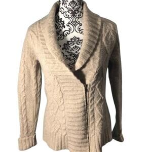 Eddie Bauer Long Cardigan Women's Sz M Long Sleeve Front Zip Beige Wool Blend